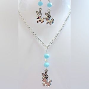 Clearance Sale Easter bunny blue jewelry chain necklace silver earring set